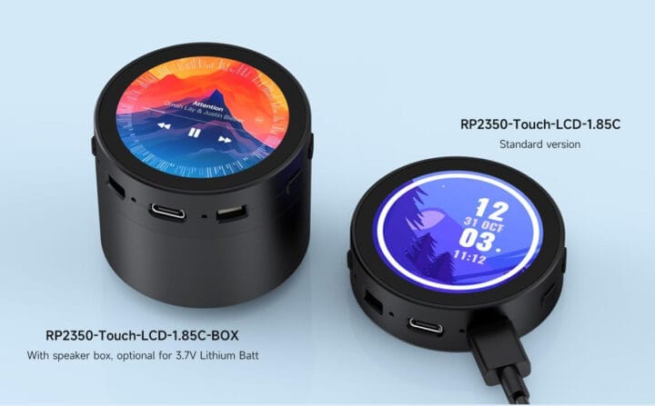 Raspberry Pi RP2350 devkit features 1.85-inch round touch display, microphone, optional speaker and battery box